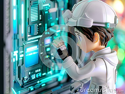 Engineer adjusting smart grid terminal, futuristic cityscape through window, dawn light, close-up, high detail render Cartoon Illustration