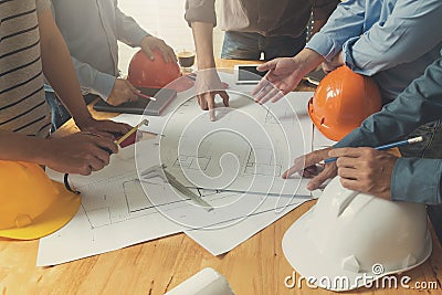 Engineer and Architect concept, Engineer Architects office team working with blueprints Stock Photo