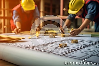 Engineer or architect meeting discuss and check construction blueprint information for architectural project. Generative AI Stock Photo