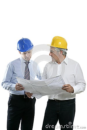 Engineer architect two expertise team plan hardhat Stock Photo
