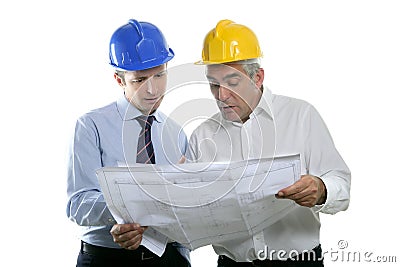 Engineer architect two expertise team plan hardhat Stock Photo