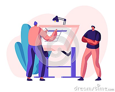 Engineer Architect Work on Draft Project on Drawing Board. Man Creator of Architecture Drafting. Office Person Projecting Vector Illustration