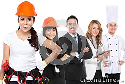 engineer, architecth, businessman, doctor and chef standing toge Stock Photo