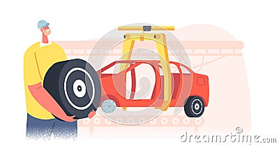 Engineer Character with Tyre or Wheel in Hands at Factory Set Up Car on Assembly Line. Automotive Industrial Technology Vector Illustration