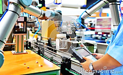 Engineer check and control automation robot arms Stock Photo