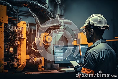 Engineer check and control welding robotics automatic arms machine in intelligent factory with monitoring system software Stock Photo