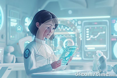 Engineer design mechanical robotic engineering on holographic display futuristic technical blueprint Stock Photo