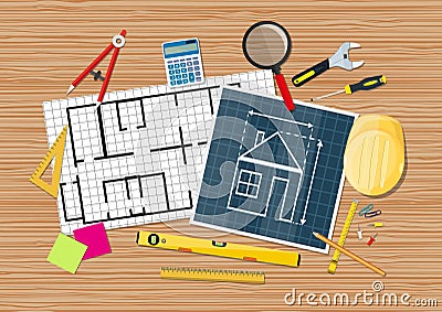 Engineer desk. blueprint with tools Vector Illustration