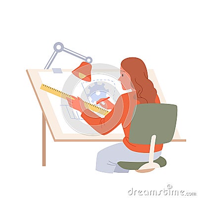 Engineer drawing engineering plan on paper with pencil and ruler, drafting model project Vector Illustration