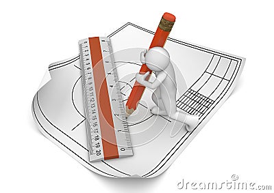 Engineer drawing with pencil and ruler Stock Photo