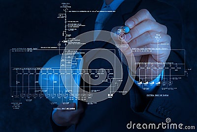 Engineer draws an electronic single line schematic Stock Photo