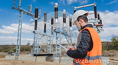 Engineer electrician check the substation construction process Stock Photo