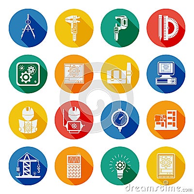 Engineer Flat Round Icons Set Shadow Vector Illustration