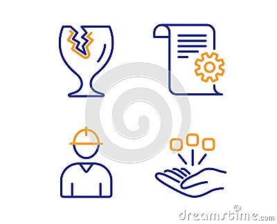 Engineer, Fragile package and Technical documentation icons set. Consolidation sign. Vector Vector Illustration