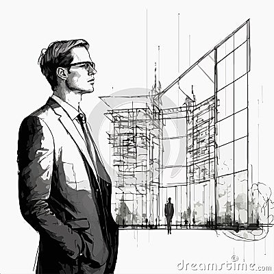 Engineer with glasses looking at blueprint design of modern office building. architects and designers drawing. Cartoon Illustration