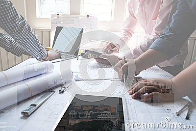 Engineer handshaking. architect shaking hands for building construction project. teamwork cooperation concept Stock Photo