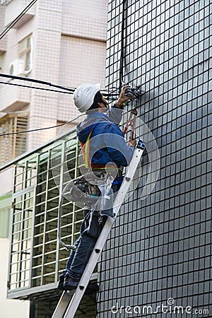 Engineer, Highrise Facade, Cable Engineering, Security, Editorial Stock Photo