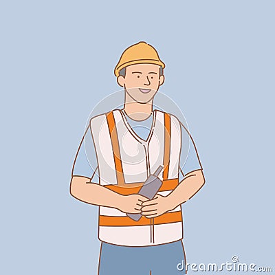 Engineer hold phone with smile with outline or line and clean simple style Vector Illustration