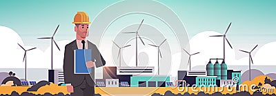 Engineer holding clipboard businessman working on wind turbine solar panel alternative energy source factory building Vector Illustration