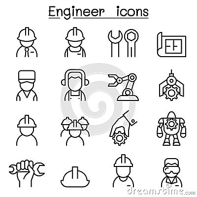 Engineer icon set in thin line style Vector Illustration
