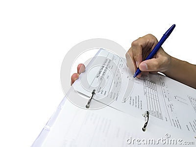 Engineer inspecting and checking datasheet. Stock Photo