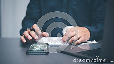 Engineer inspects the robot's automated robotic arm Stock Photo