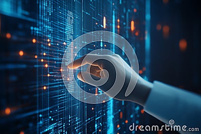 Engineer touching futuristic screen with data flowing in server room Stock Photo