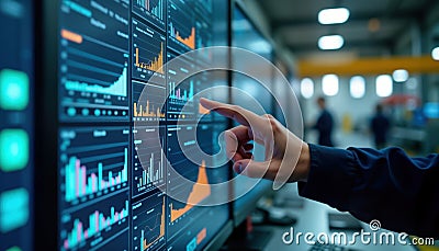 Engineer interacts with SCADA system interface. Person uses computer screen displaying data charts. Data acquisition, analysis. Stock Photo
