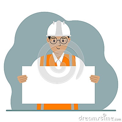 Engineer man holding a blank sheet of paper. The concept of a builder, engineer, planner or designer. Vector Illustration