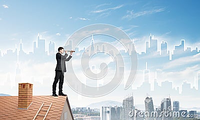 Engineer man standing on roof and looking in spyglass. Mixed media Stock Photo