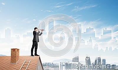 Engineer man standing on roof and looking in spyglass. Mixed media Stock Photo