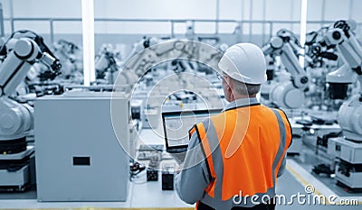 engineer managing robotic arm assembly line, high-tech machinery for efficient manufacturing process, skilled worker ensuring Stock Photo
