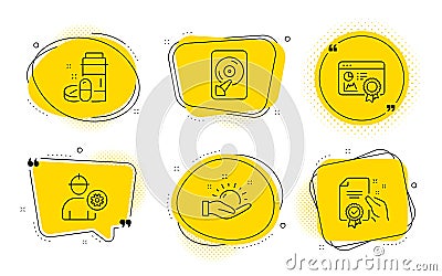 Hdd, Seo certificate and Sunny weather icons set. Engineer, Medical drugs and Certificate signs. Vector Vector Illustration