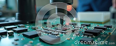 Engineer meticulously tests electronic circuit board. Precision tools examine electronic components. Quality control process is Stock Photo