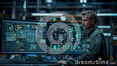 Engineer Monitoring Advanced Systems on Multiple Screens Stock Photo