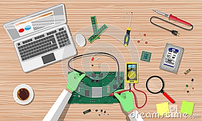 Engineer with multimeter check electronic board Vector Illustration