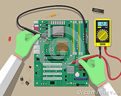 Engineer with multimeter checks motherboard Vector Illustration