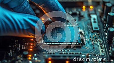 Engineer placing cpu on motherboard, working with microelectronics Stock Photo