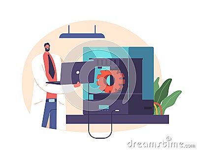 Engineer Printing Detail on 3d Printer, Using Revolutionary Technology Fabricates Complex Objects By Layering Materials Vector Illustration