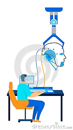 Engineer Programming and Coding Robotic Brain Vector Illustration