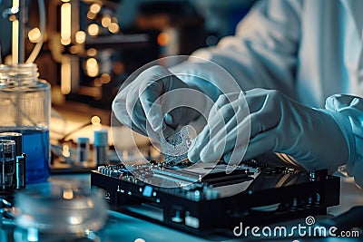 Engineer in protective gloves repairs hard disk Stock Photo