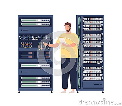 Engineer repairing server, adjusting network connection. Sysadmin maintaining and fixing malfunctions and problems with Vector Illustration