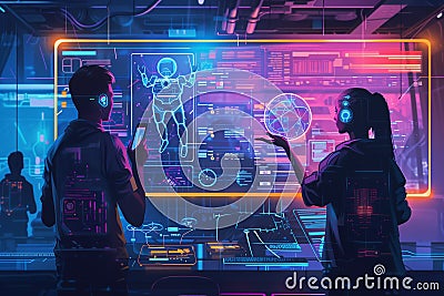Engineer in research development robotic factory on holographic display. Artificial intelligent technology innovation Stock Photo