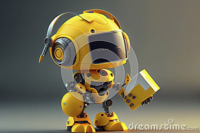 Engineer robot with 3d rendering cute and small artificial intelligence assistant robot wear yellow helmet Stock Photo