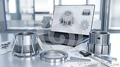 Engineer's desk while testing the quality of thread and fit mechanical components Cartoon Illustration