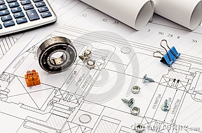 Engineer`s drawing with different details, macro Stock Photo