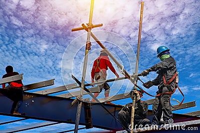 Engineer in safety protective equipment standing order for construction crews. Stock Photo