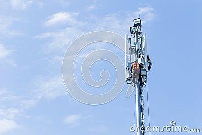 Engineer setup high technology signal tower 4G 5G Stock Photo