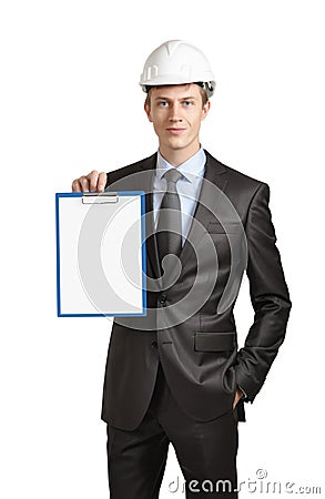 Engineer shows a clipboard Stock Photo