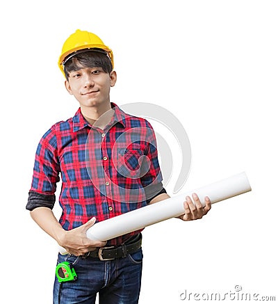 Engineer smile with holding rolled blueprints inspect construction concept and wear yellow safety helmet plastic. isolated on whit Stock Photo